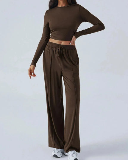 Chic Tied Long Sleeve Top and Pants Set with Pockets