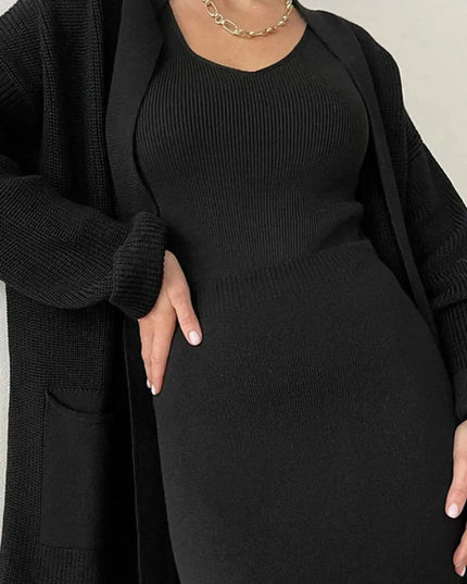 Pocketed Long Sleeve Cardigan and Skirt Sweater Set