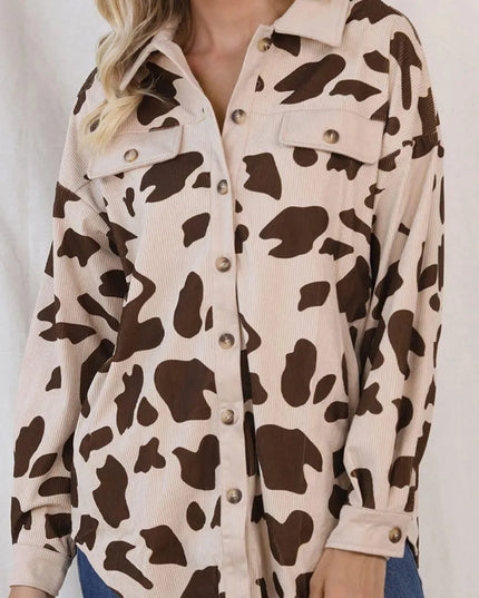 Cow Print Button Up Corduroy Shacket - ShopEasier