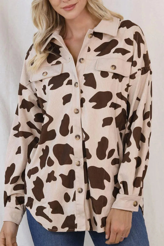 Cow Print Button Up Corduroy Shacket - ShopEasier