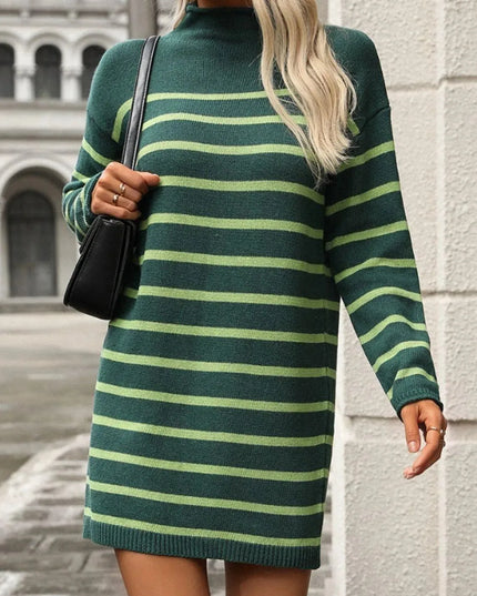 Striped Mock Neck Long Sleeve Mini Dress - ShopEasier