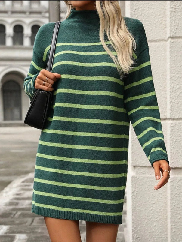 Striped Mock Neck Long Sleeve Mini Dress - ShopEasier