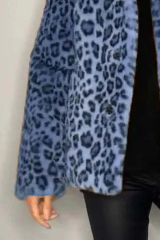 Full Size Leopard Furry Collared Neck Long Sleeve Coat - ShopEasier