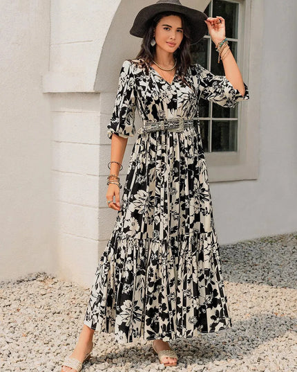 Smocked Printed Tie Neck Long Sleeve Dress - ShopEasier