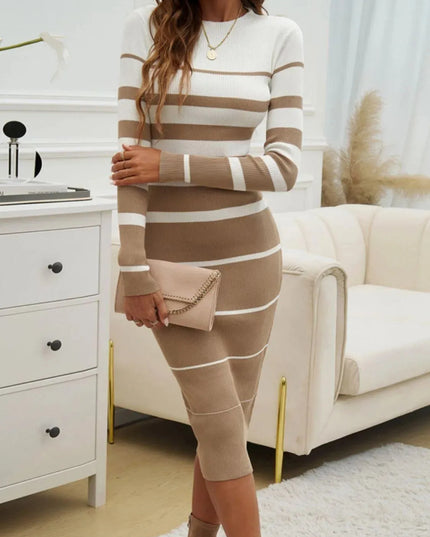 Devine Color Block Round Neck Long Sleeve Midi Dress - ShopEasier