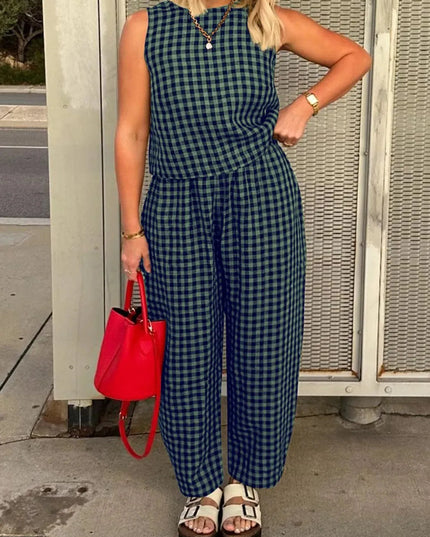 Lovelet Plaid Round Neck Sleeveless Top and Pants Set