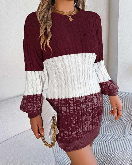 Cable-Knit Round Neck Color Block Sweater Dress - ShopEasier