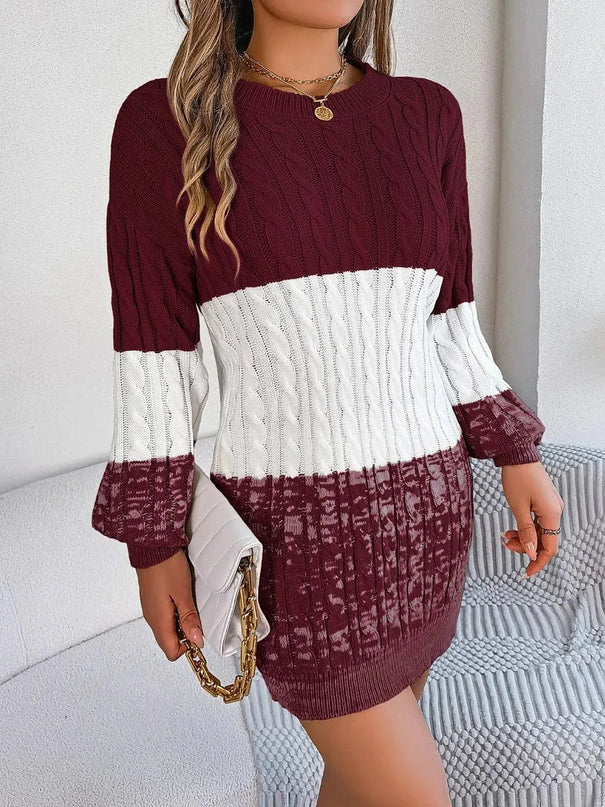 Cable-Knit Round Neck Color Block Sweater Dress - ShopEasier