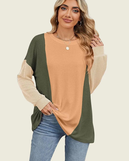 Textured Contrast Long Sleeve Round Neck Tee