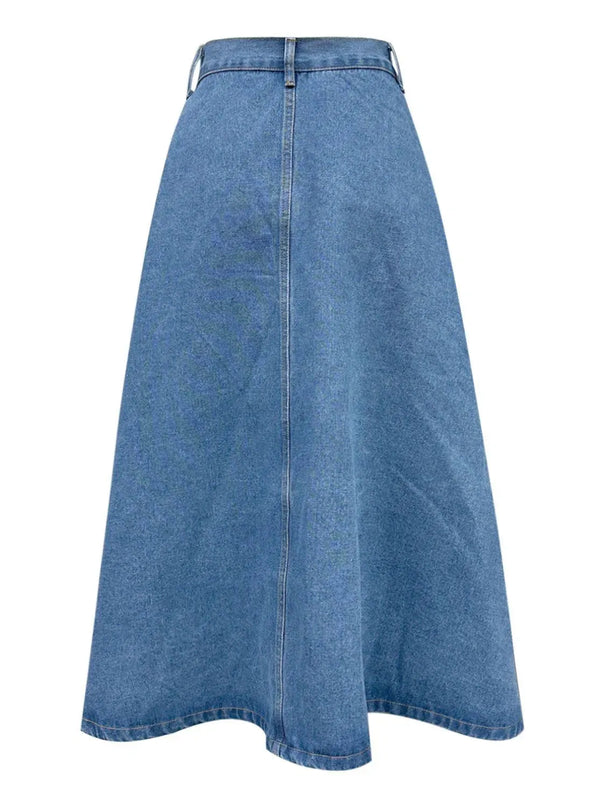 Buttoned Midi Denim Skirt with Pockets - ShopEasier