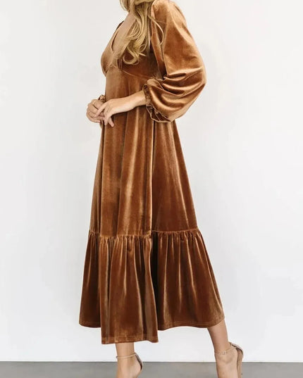 V-Neck Long Sleeve Midi Velvet Dress