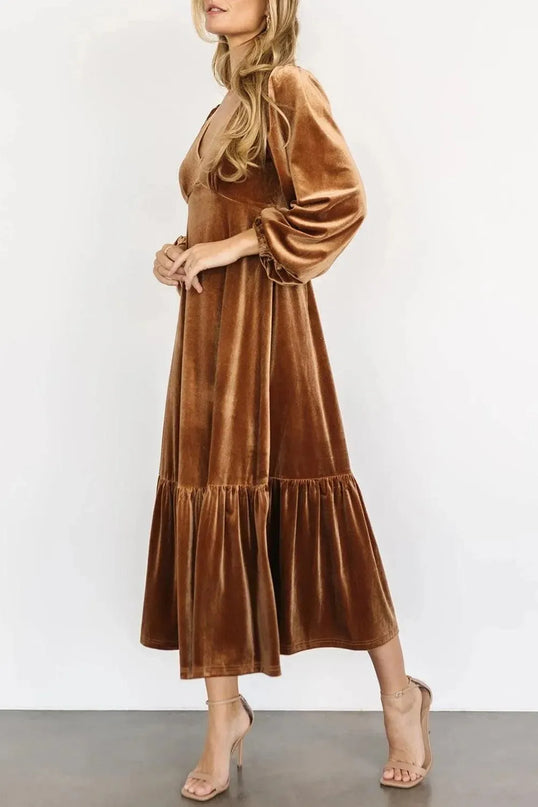 V-Neck Long Sleeve Midi Velvet Dress