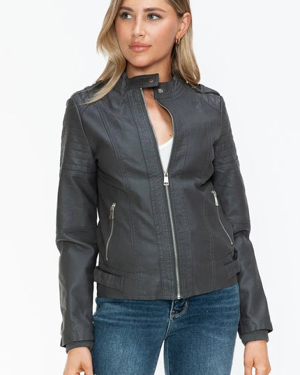 Snobbish PU Leather Biker Jacket with Side Zip Pockets - ShopEasier