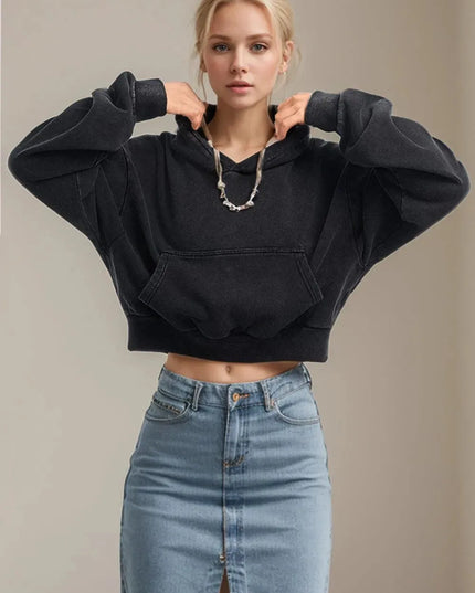 Cropped Cotton Hoodie with Kangaroo Pocket and Long Sleeves