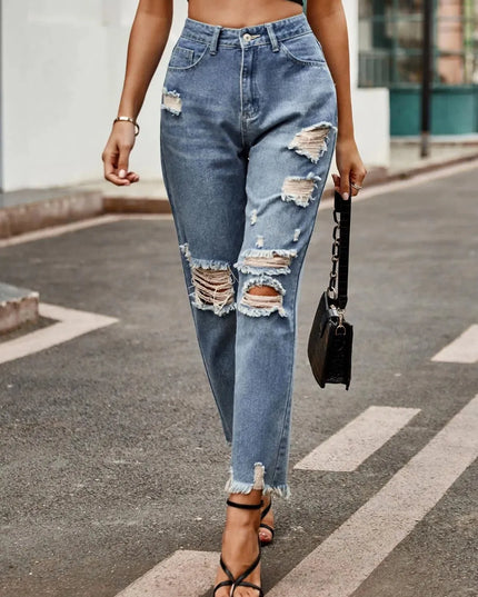 Distressed Raw Hem Jeans with Pockets - ShopEasier