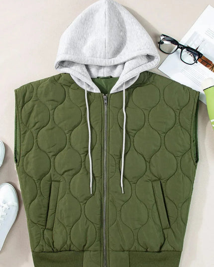 Hooded Vest Jacket with Drawstring and Zip Closure