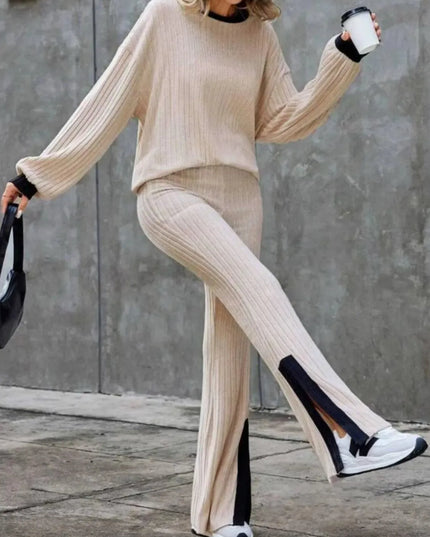 Contrast Round Neck Long Sleeve Top and Bootcut Pants Set