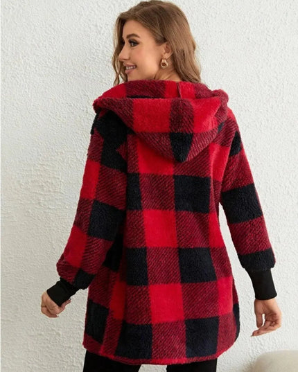 Plaid Long Sleeve Hooded Coat - ShopEasier