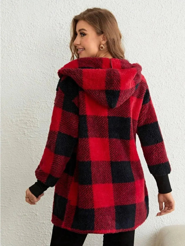 Plaid Long Sleeve Hooded Coat - ShopEasier