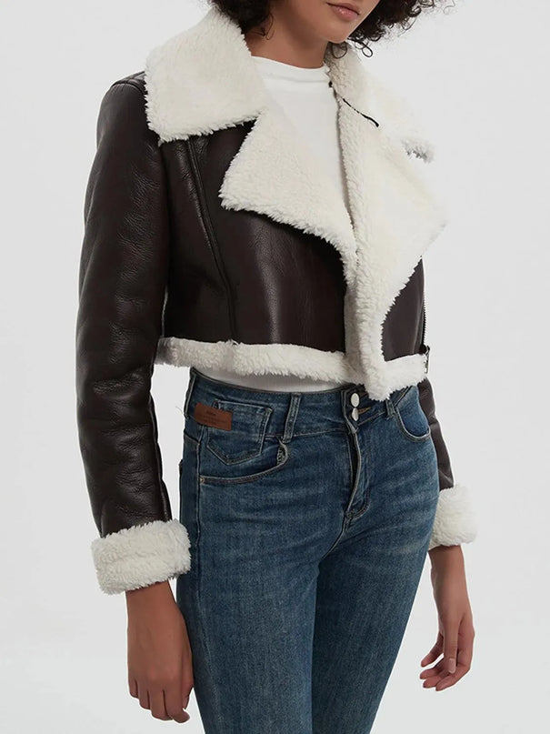 Collared Neck Long Sleeve Plush Cropped Jacket - ShopEasier