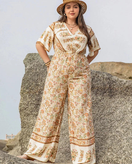 Plus Size V-Neck Flutter Sleeve Wide Leg Jumpsuit - ShopEasier