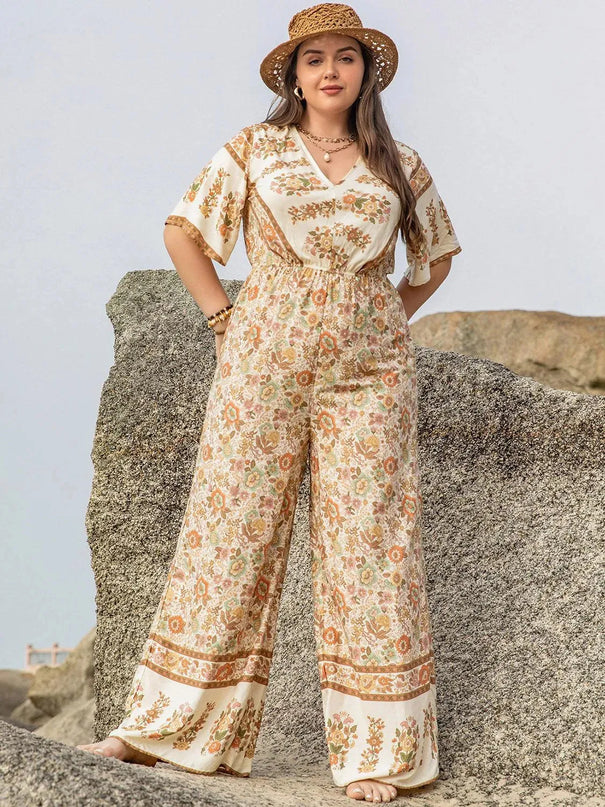 Plus Size V-Neck Flutter Sleeve Wide Leg Jumpsuit - ShopEasier