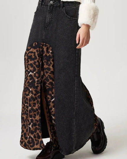 Slit Leopard Midi Denim Skirt - ShopEasier