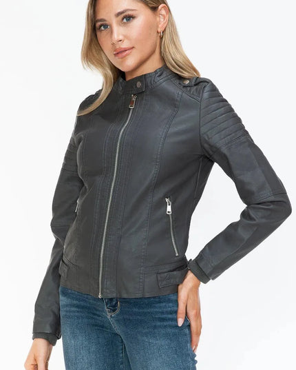 Snobbish PU Leather Biker Jacket with Side Zip Pockets - ShopEasier