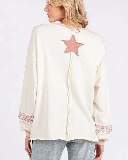 Peace & Star Patch Contrast Round Neck Casual Sweatshirt