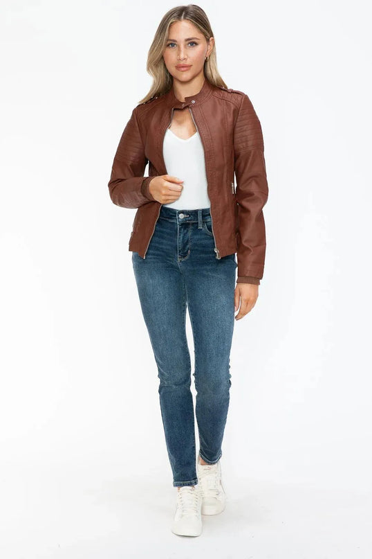 Snobbish PU Leather Biker Jacket with Side Zip Pockets - ShopEasier