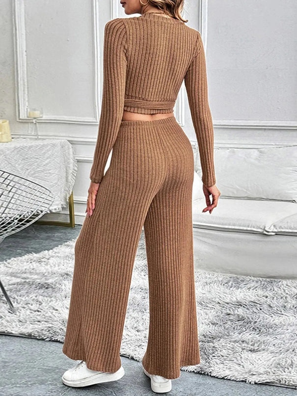 Chic Tied Long Sleeve Top and Pants Ensemble