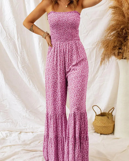 Smocked Printed Wide Strap Jumpsuit - ShopEasier