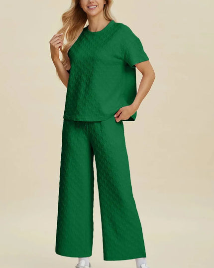 Textured Comfort Two-Piece Top and Pants Set with Pockets