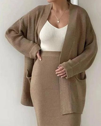 Pocketed Long Sleeve Cardigan and Skirt Sweater Set