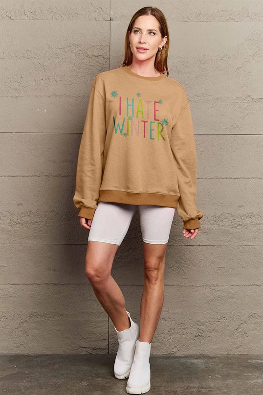 Simply Love Full Size I HATE WINTER Dropped Shoulder Sweatshirt - ShopEasier