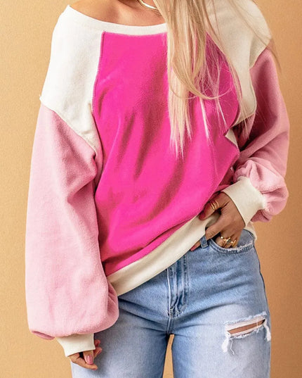 Color Block Casual Round Neck Sweatshirt with Dropped Shoulders