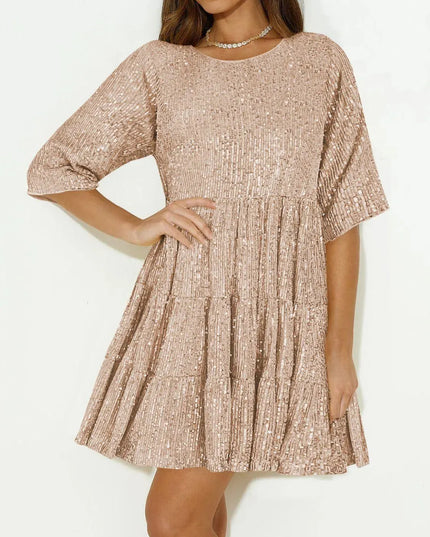 Sequin Round Neck Half Sleeve Mini Dress