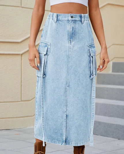 High-Waisted Denim Skirt with Slit Pockets