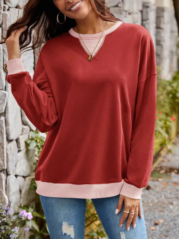 Contrast Lovelet Round Neck Long Sleeve Pullover