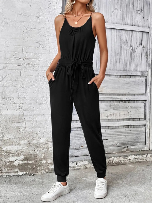 Scoop Neck Tie Waist Jumpsuit - ShopEasier