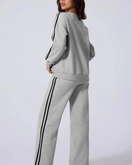 Sporty Side Striped Activewear Set with Round Neck Top and Pants