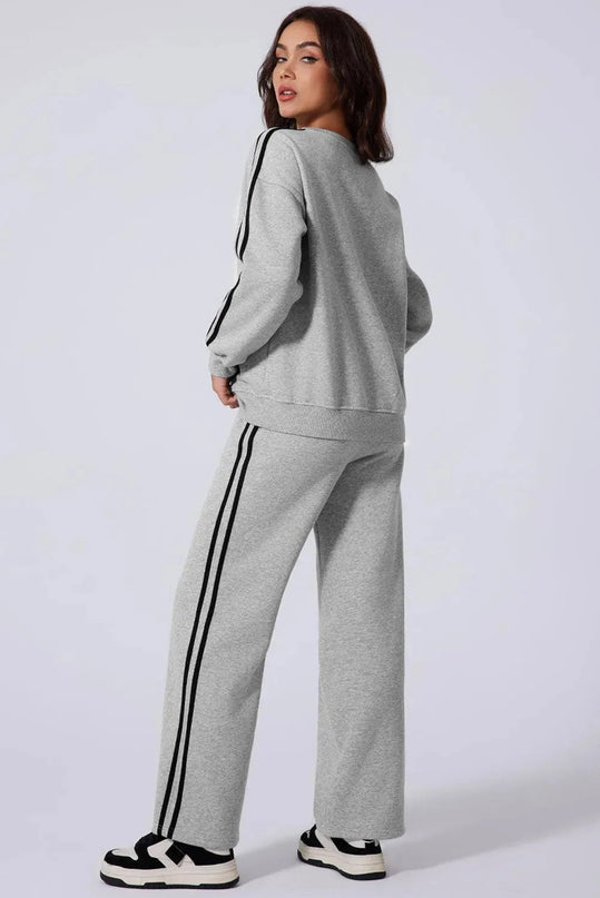 Sporty Side Striped Activewear Set with Round Neck Top and Pants