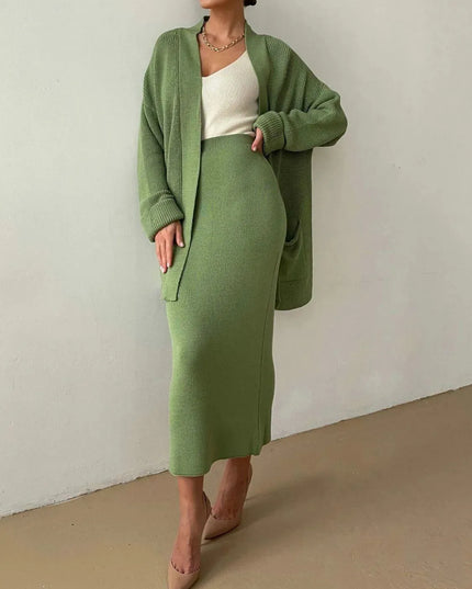 Pocketed Long Sleeve Cardigan and Skirt Sweater Set