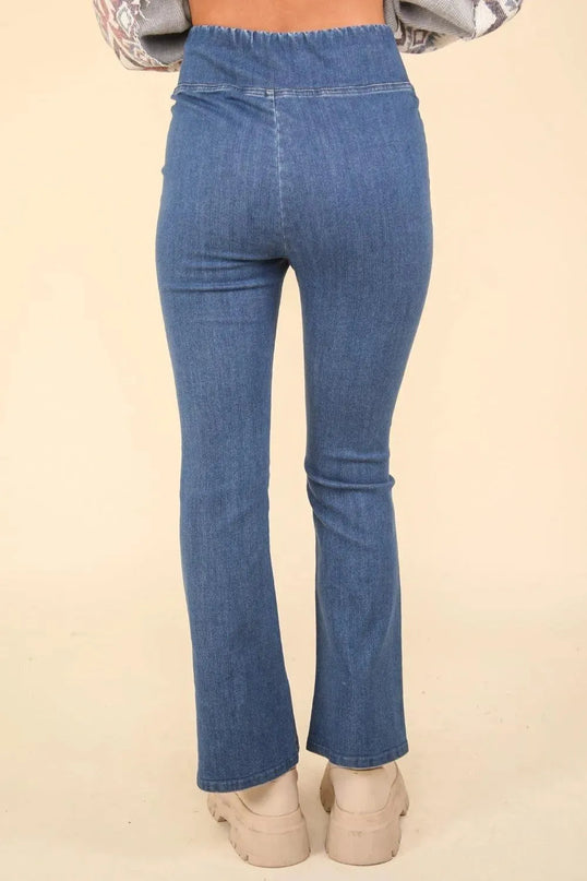 VERY J Washed Denim Stretchy Crossover Waist Leggings - ShopEasier