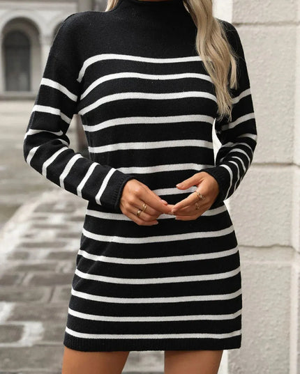 Striped Mock Neck Long Sleeve Mini Dress - ShopEasier