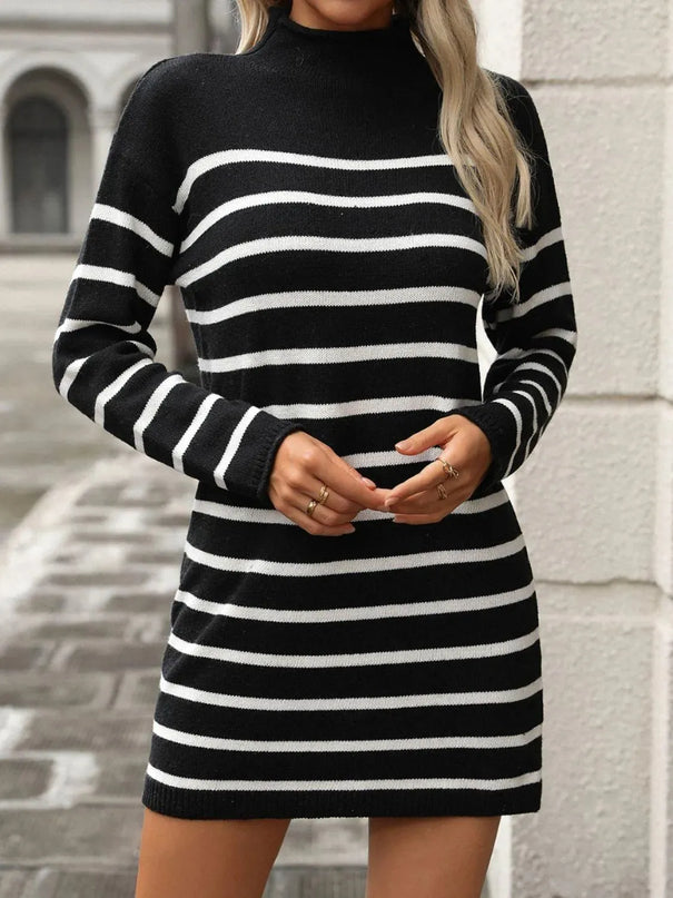 Striped Mock Neck Long Sleeve Mini Dress - ShopEasier