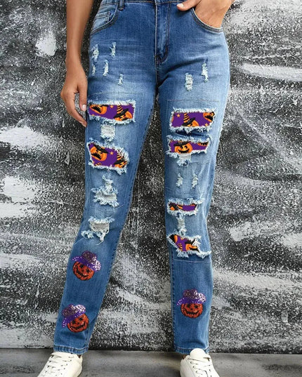 Distressed Sequin Pumpkin Jeans - ShopEasier