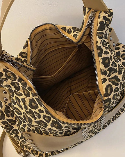 Leopard Polyester Shoulder Bag with Zippers