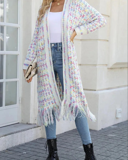 Angel Wings Full Size Multicolored Open Front Fringe Hem Cardigan - ShopEasier