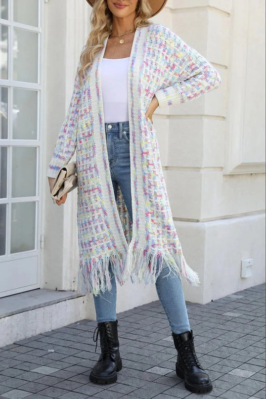 Angel Wings Full Size Multicolored Open Front Fringe Hem Cardigan - ShopEasier